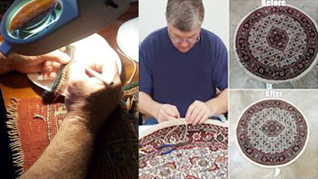 man meticulously repairing an oriental rug
